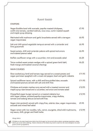 Plant based menu as of July 15, 2022 at Seamill Hydro Hotel in Seamill