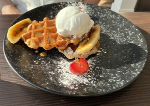 Warm Belgian waffles, not the best picture but delicious  at Seamill Hydro Hotel in Seamill