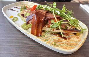 Avocado & bacon sourdough starter. Very refreshing, slightly smoky, very tasty.  at Seamill Hydro Hotel in Seamill