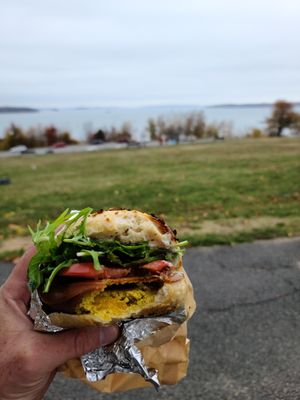 Vegan breakfast sandwich on a garlic bagel! at Forage Market in Portland