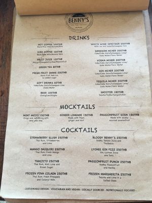 Drinks menu at Benny's On The Beach in Koh Lipe