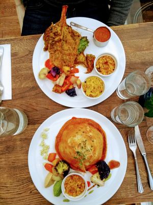 Smoked aubergine with tempura chard leaf (top) and large dosai (bottom). at The Devil in Rye in Rye