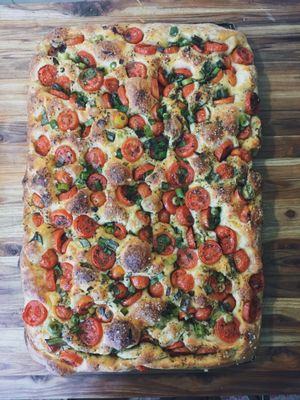 focaccia of cherry tomatoes  at Aluado's in Pelotas