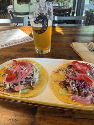 BBQ Oyster mushroom tacos (flavor explosion) and night shift IPA    at Frelard Tamales in Seattle