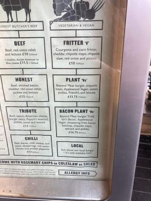 Vegan menu at Honest Burgers in London