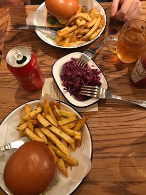 The Beyond Meat burgers with Rosemary Salted chips. The coleslaw does have mayonnaise, but is awesome for vegetarians and people with dairy intolerances.  at Honest Burgers in London