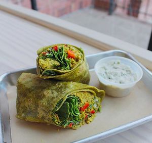 Chickpea Wrap w/ vegan tzatziki at Revolucion Coffee & Juice in San Antonio