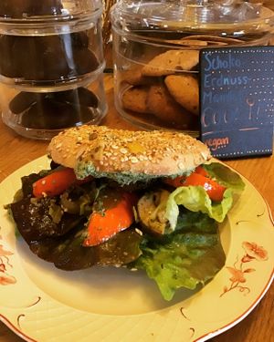 Homeade Dinkel Bagel with sourdough stuffed with Grilled pumpkin, leek, mushrooms and cashewpesto  at KoBaMugasmus in Eberswalde