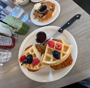 Vegan chicken and waffles and vegan monkey pancake   at Millie's in Pasadena