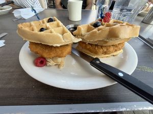 Vegan chicken and waffles  at Millie's in Pasadena