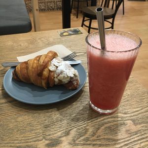 Almond croissant and watermelon juice at Joy of Flora in Adelaide