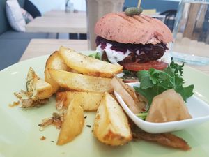 Rib burger with wedges at Joy of Flora in Adelaide