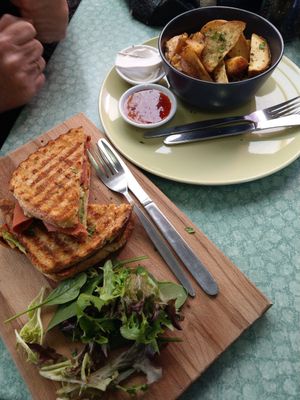 Toasted sandwich and housemade organic wedges at Joy of Flora in Adelaide