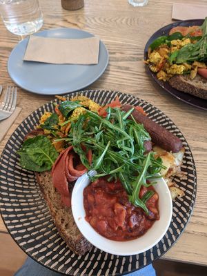 Extra big breakfast with tofu scramble, baked beans, sausages, pb bacon, roasted tomato, mushrooms, spinach, spuds and salad at Joy of Flora in Adelaide