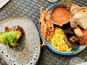 The full breakfast next to the corn fritters at Redemption - Seven Dials in London