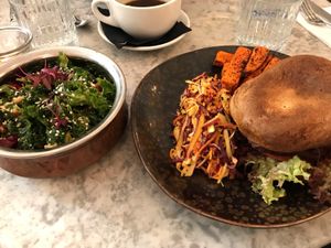 Buff burger and kale salad  at Redemption - Seven Dials in London