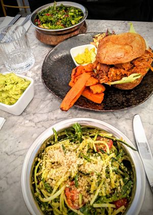 Courgetti, burger and kale salad at Redemption - Seven Dials in London