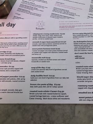 Yummy menu at Redemption - Seven Dials in London