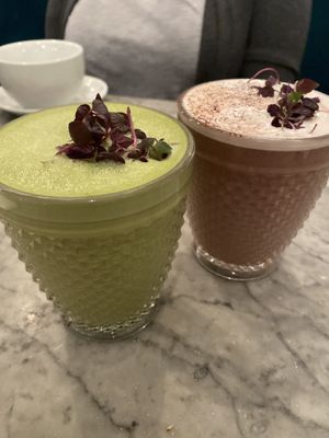 Matcha latte and hot chocolate  at Redemption - Seven Dials in London