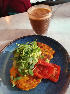 Red pepper and corn pancakes; mood enhancing mocha at Redemption - Seven Dials in London