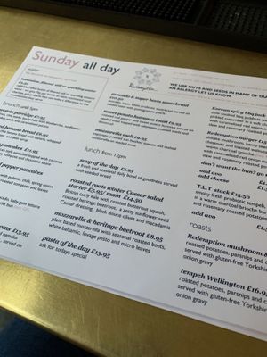 Sunday menu  at Redemption - Seven Dials in London