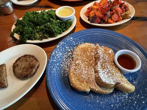 French toast entree(split with husband), marinated kale side, red flannel hash side.  at Duluth Grill in Duluth