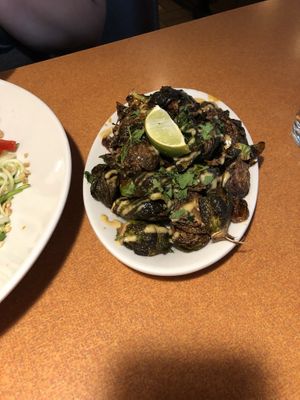 Korean bbq brussel sprouts with soyoli drizzle side, soo yummy what a fantastic flavor at Duluth Grill in Duluth