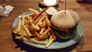 Burger mit Pommes at Mokel Bar in Muenster