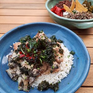 Vegan mushroom and seitan stroganoff with peppers and crispy kale at Fellpack in Keswick
