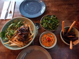 Mushroom hache, greens, romesca dip & bread sticks at Fellpack in Keswick