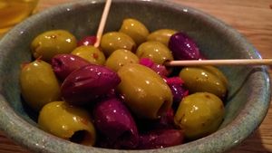 Olives with chilli & garlic at Fellpack in Keswick
