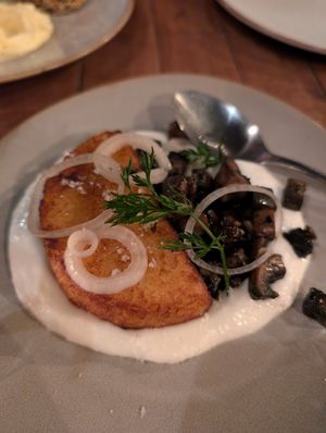 Hashbrown, roasted mushroom, whipped garlic at Three Blue Ducks in Ewingsdale