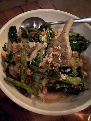 Coal-roasted broccoli, beans, beetroot, mustard greens at Three Blue Ducks in Ewingsdale