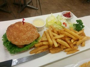 Phish burger with fries at Loving Hut - Barber Lane - Maybe closed in Milpitas