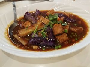 Eggplant and tofu (listed as spicy but not too spicy) at Loving Hut - Barber Lane - Maybe closed in Milpitas