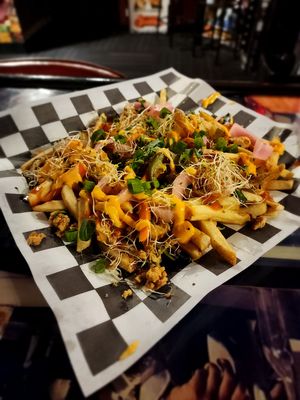 Vegan loaded fries at Queen City Cinema Club in Bangor