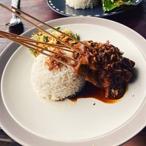 Satay tempeh skewers with rice and veg  at Clasico in Lembongan