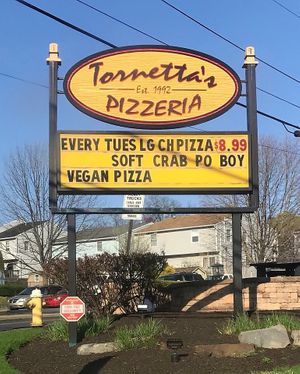 Sign out front for over 6 months promoting vegan pizza   at Tornetta's Pizzeria in Pottstown