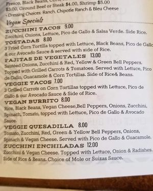 Vegan menu at La Malaguena Mexican - Maybe closed in Stowe