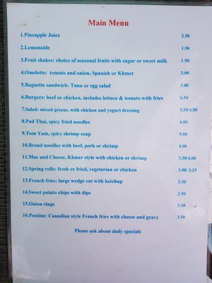 Menu at Bar Ang in Battambang