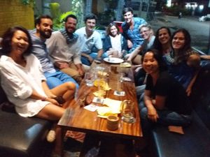 Happy Spanish and Khmei group in for our fabulous traditional Khmer curry. at Bar Ang in Battambang