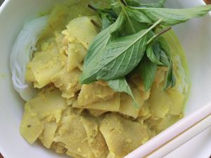 Coconut hardwood with fresh sweet basil and light yellow currry.
 at Bar Ang in Battambang