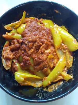 Bar Ang's best veggie stew with young tamarind leaf and oyster mushrooms, palm singer.
 at Bar Ang in Battambang