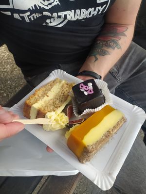 lemon cake, punch cake and mango cheesecake at Omas Backstube in Vienna