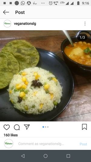 Spinach puri, Peas polao, Chickpea curry. at Cafe VegaNation in Siliguri