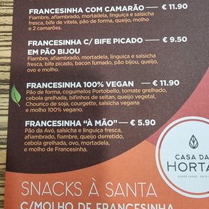 Menu at Santa Francesinha in Porto