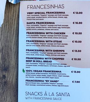 Menu at Santa Francesinha in Porto