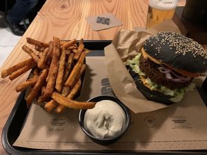 Sweet potato fries + veganaise + Vincent Vegan Burger + draft beer at The Potato Bar  in Bruges