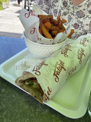 Wheat falafel wrap with sweet potato fries  at Nafplio Falafel in Nafplion