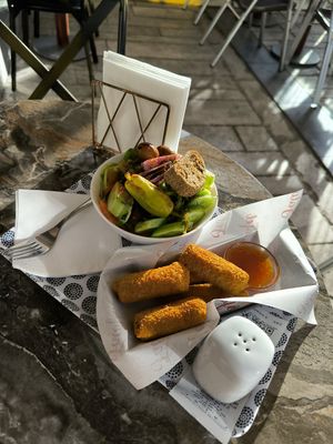 Greek salad and eggplant rolls at Nafplio Falafel in Nafplion